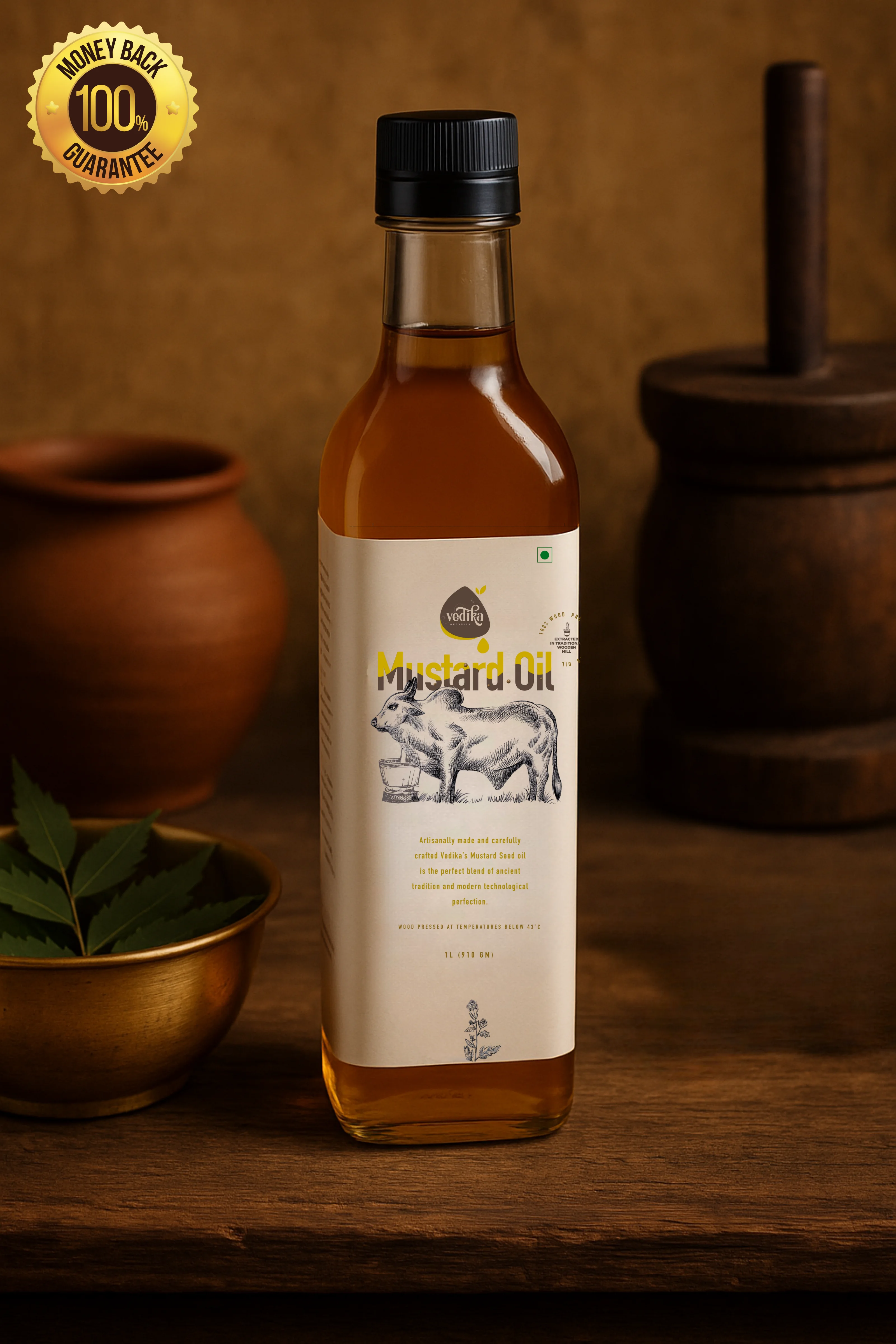 Vedika Organics Wood Pressed Kachi  Ghani Mustard Oil for Cooking, Pickles and Massage & Hair · 17gm Omega 3 (1_litre)
