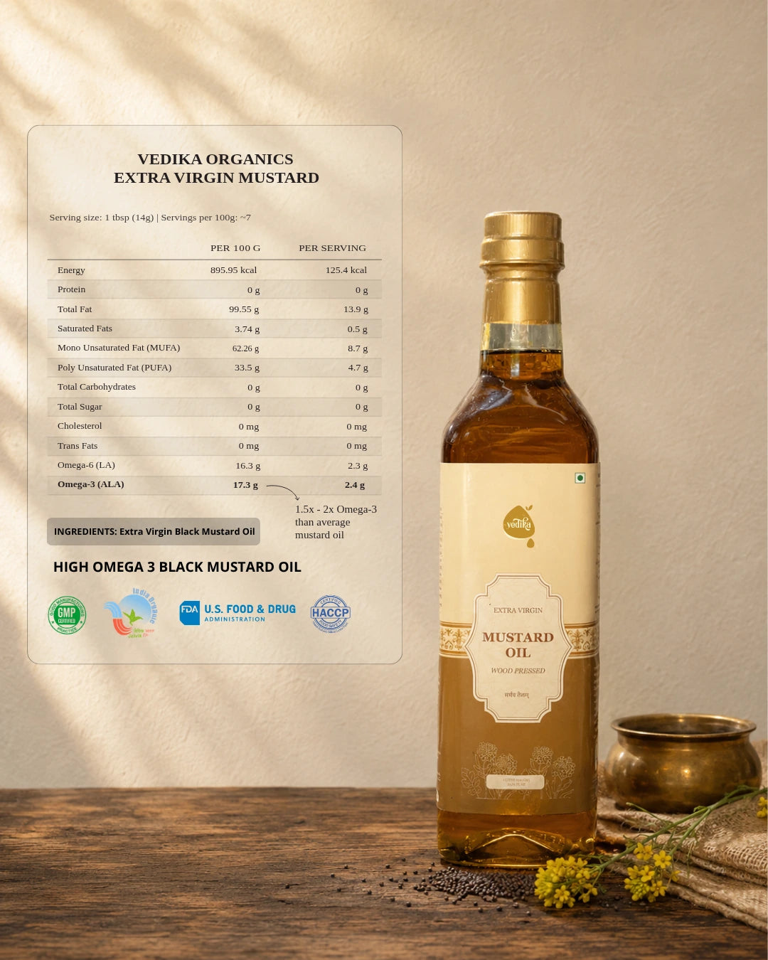 Vedika Organics Extra Virgin Kachi  Ghani Mustard Oil (1 litre)