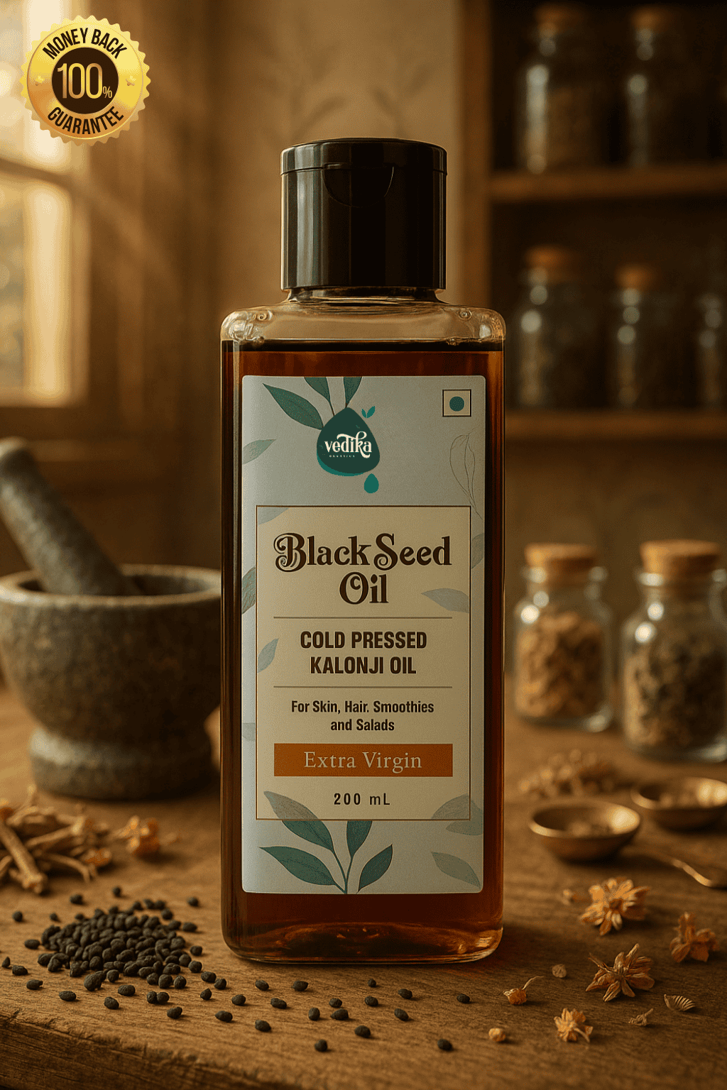 Vedika Organics Extra Virgin Black Seed Oil · Kalonji Oil (Nigella Sativa) 200 ml