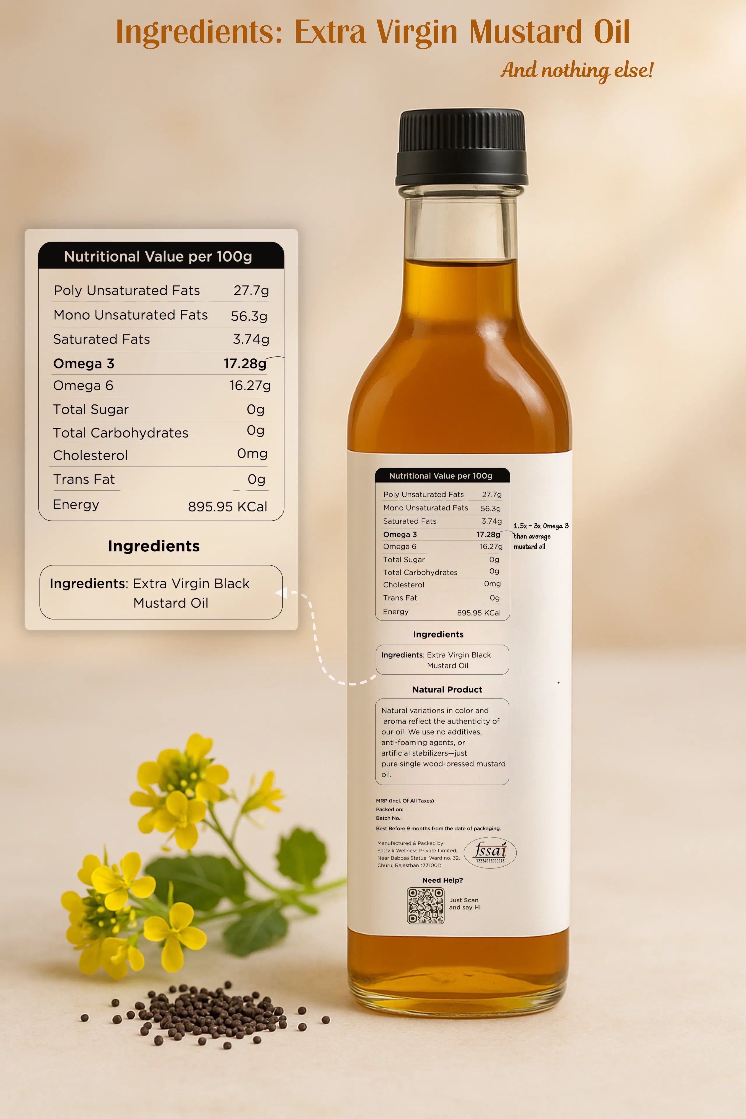 Vedika Organics Extra Virgin Kachi  Ghani Mustard Oil (1 litre)
