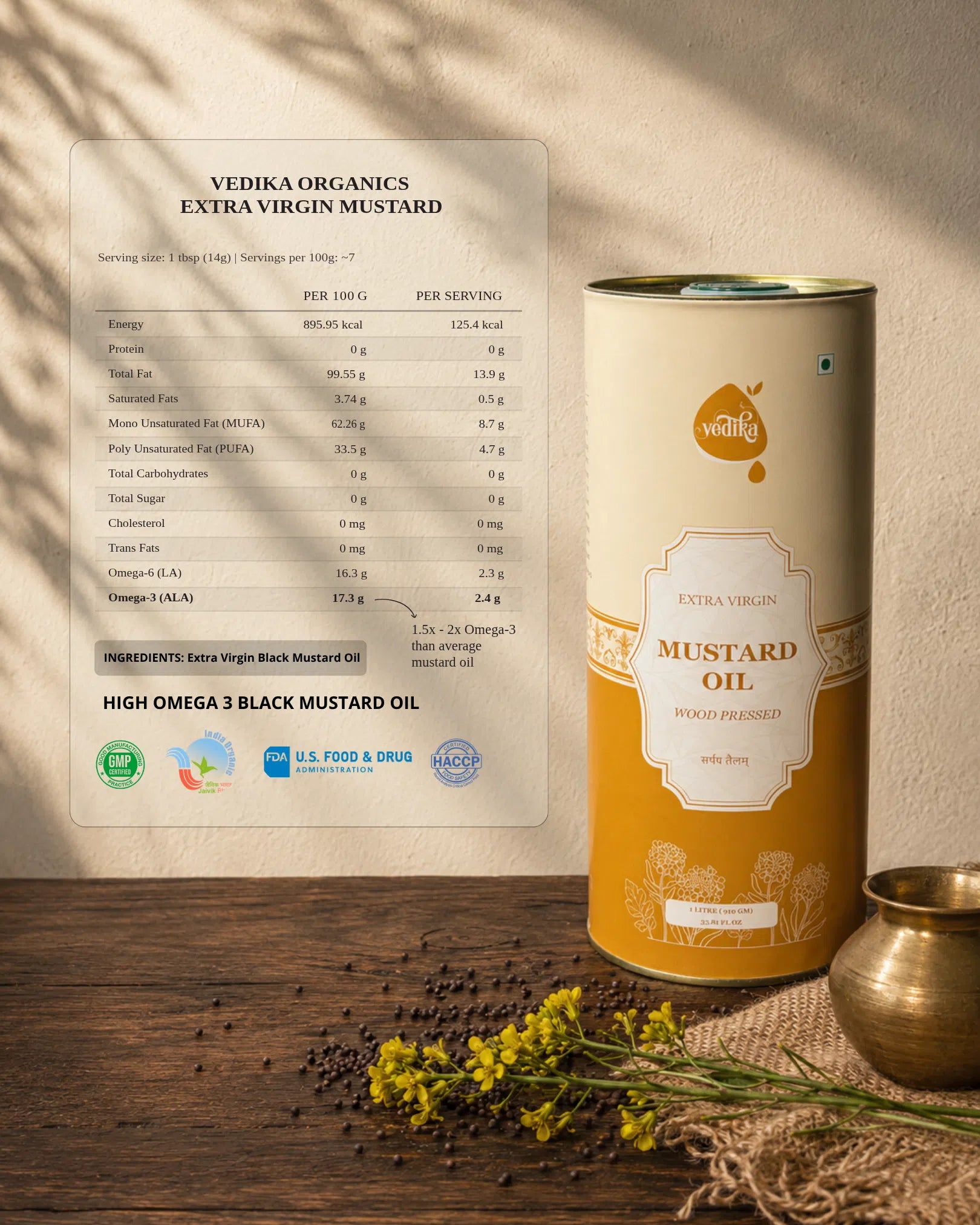 Vedika Organics Extra Virgin Kachi  Ghani Mustard Oil (1 litre)