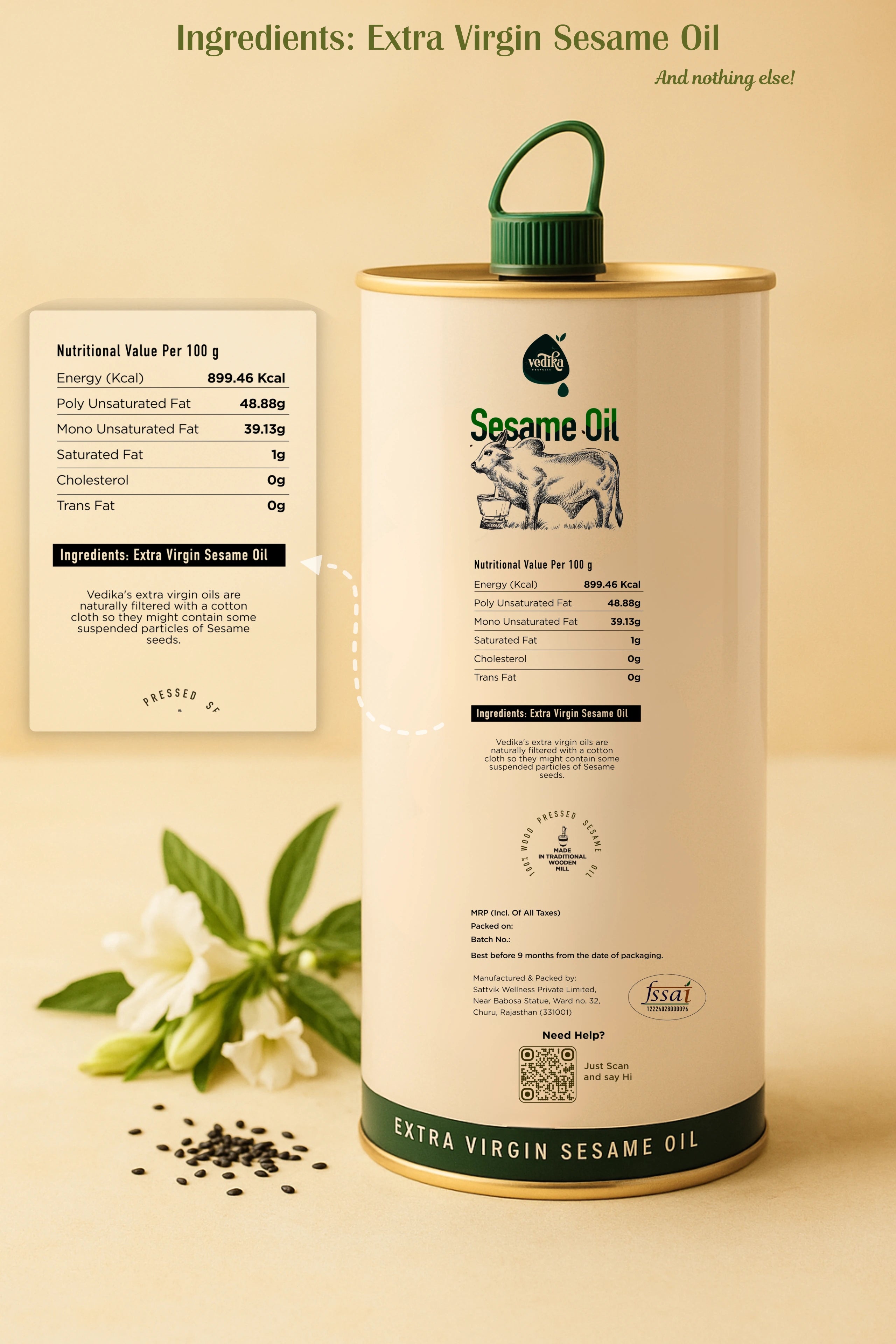 Vedika Organics Extra Virgin Sesame Oil  (1_litre) Tin