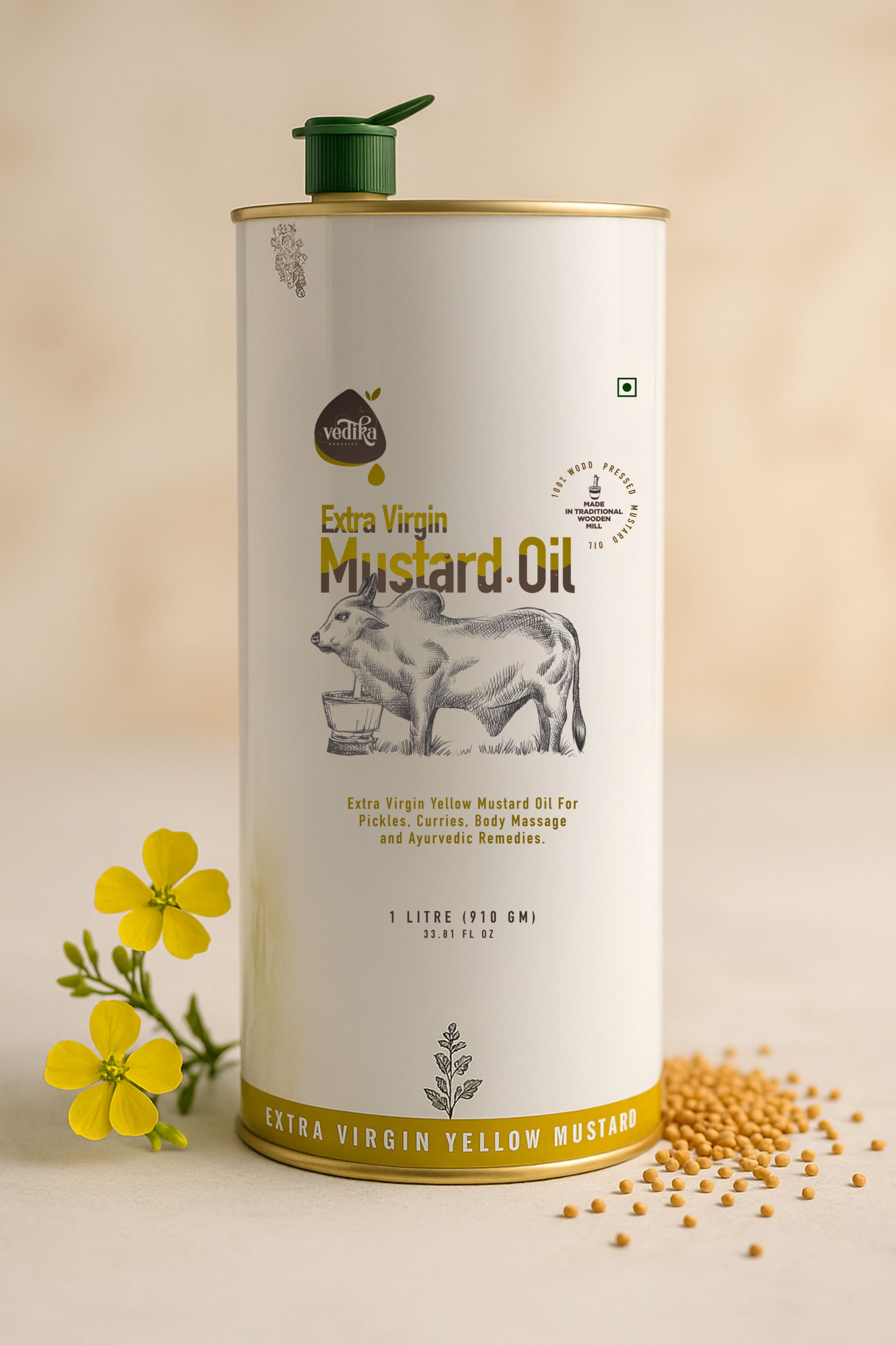 Vedika Organics Extra Virgin Yellow Mustard Oil (1 litre) Tin