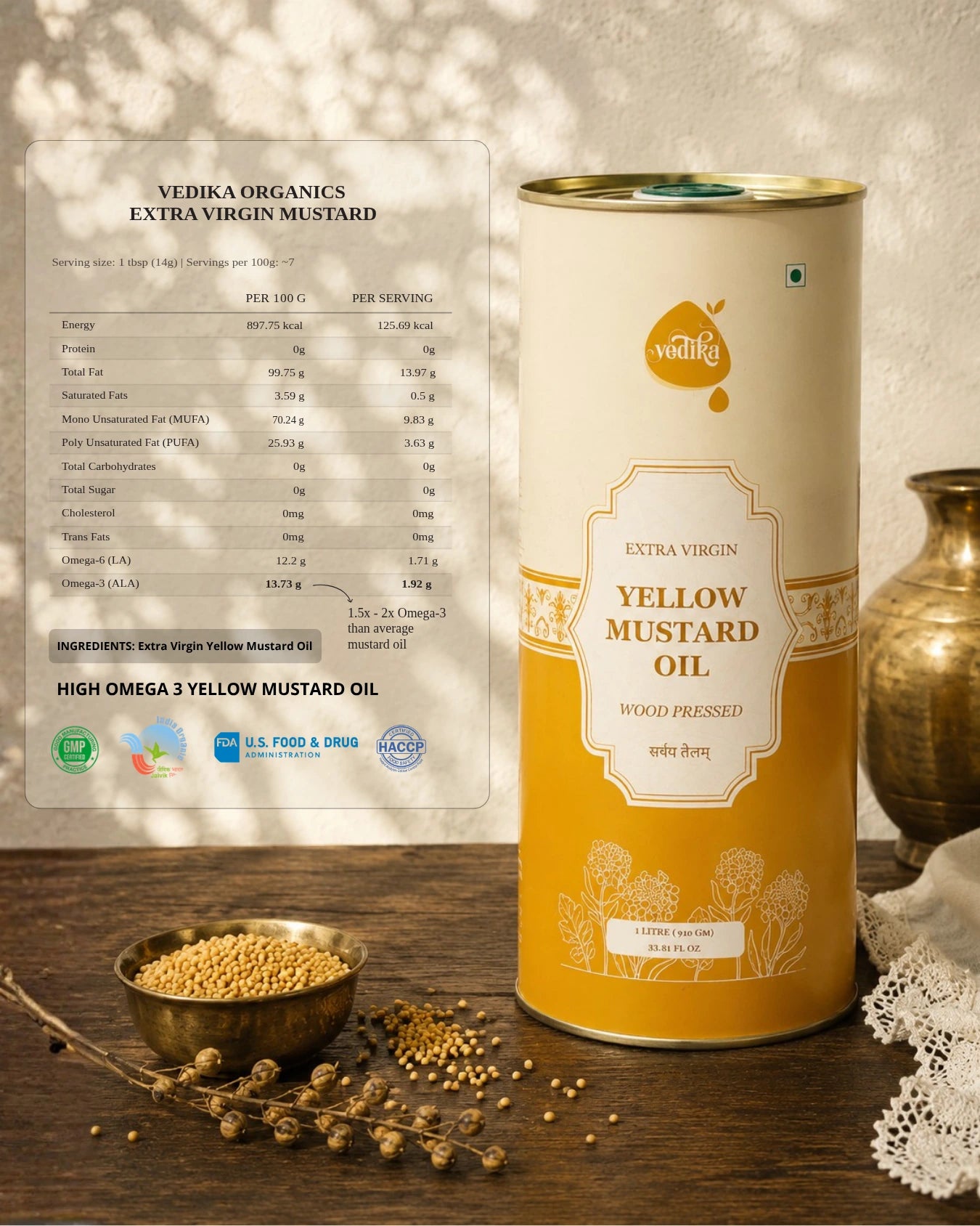 Vedika Organics Extra Virgin Yellow Mustard Oil (1 litre)