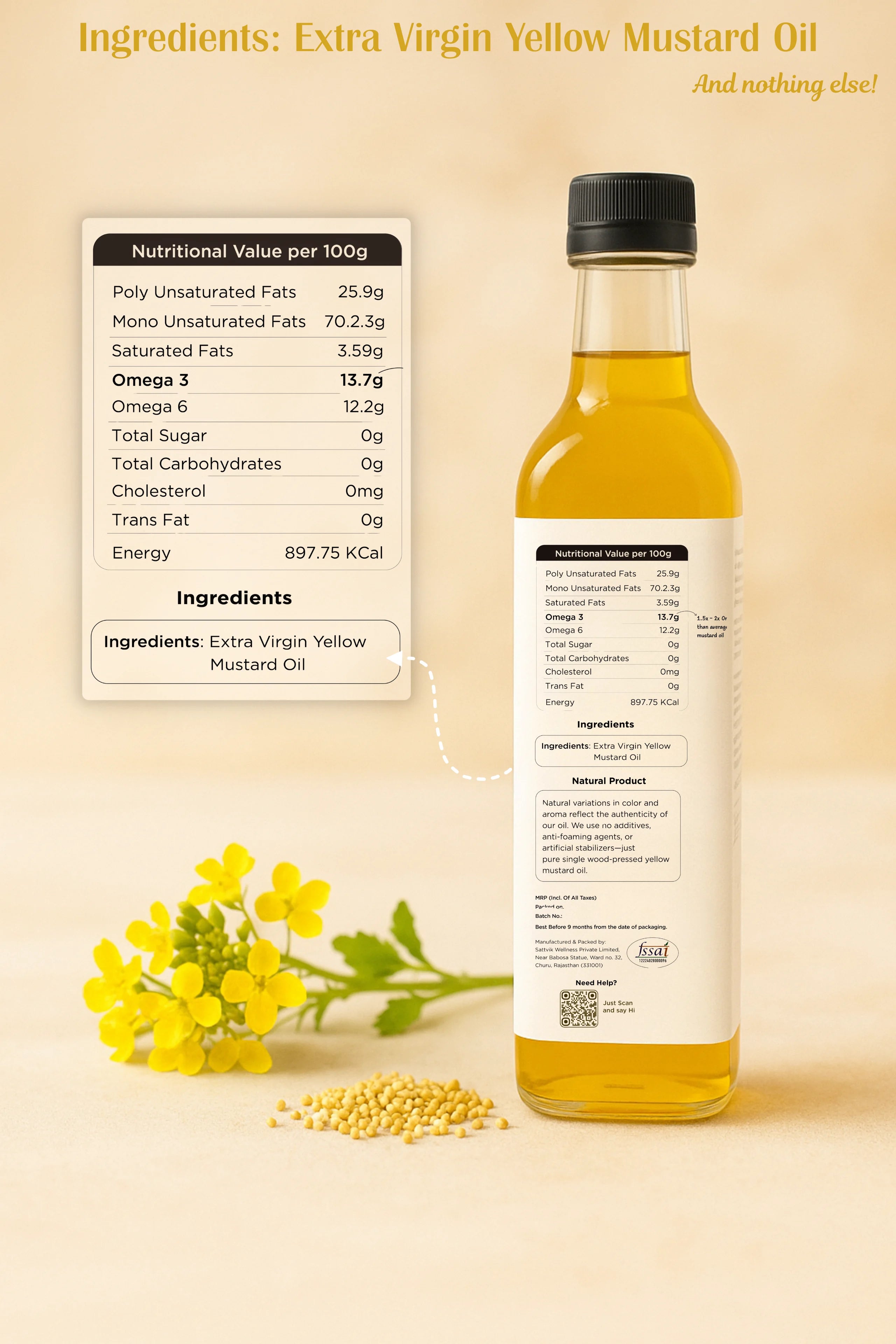 Vedika Organics Extra Virgin Yellow Mustard Oil (1 litre)