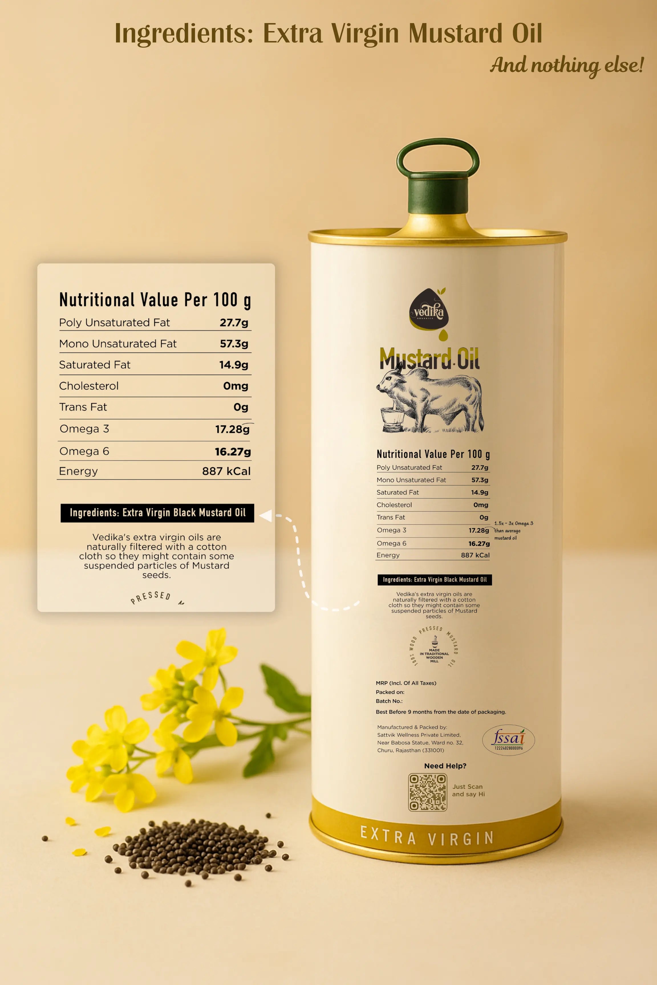 Vedika Organics Extra Virgin Kachi  Ghani Mustard Oil (1 litre) Tin