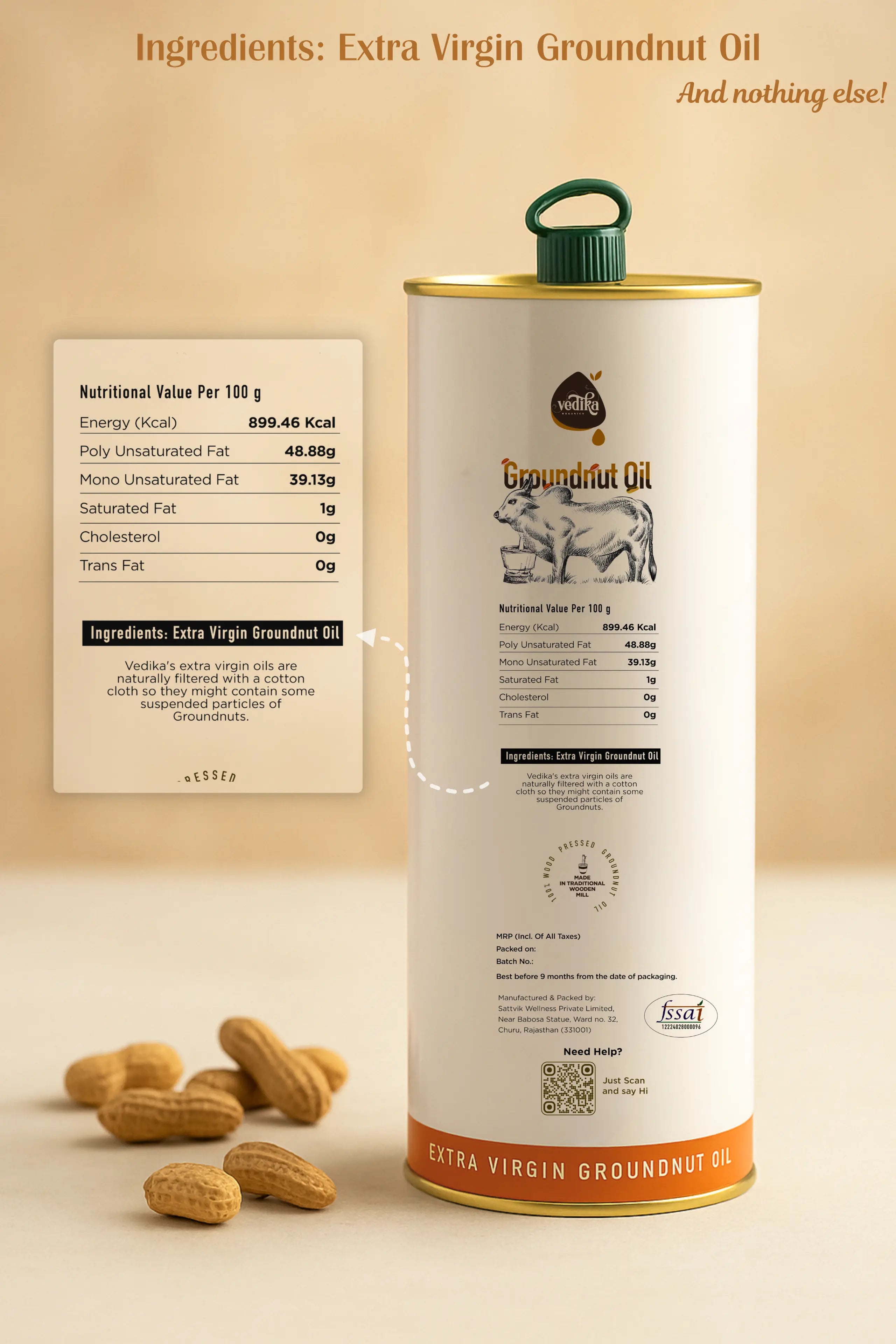 Vedika Organics Extra Virgin Groundnut Oil (1_litre) Tin