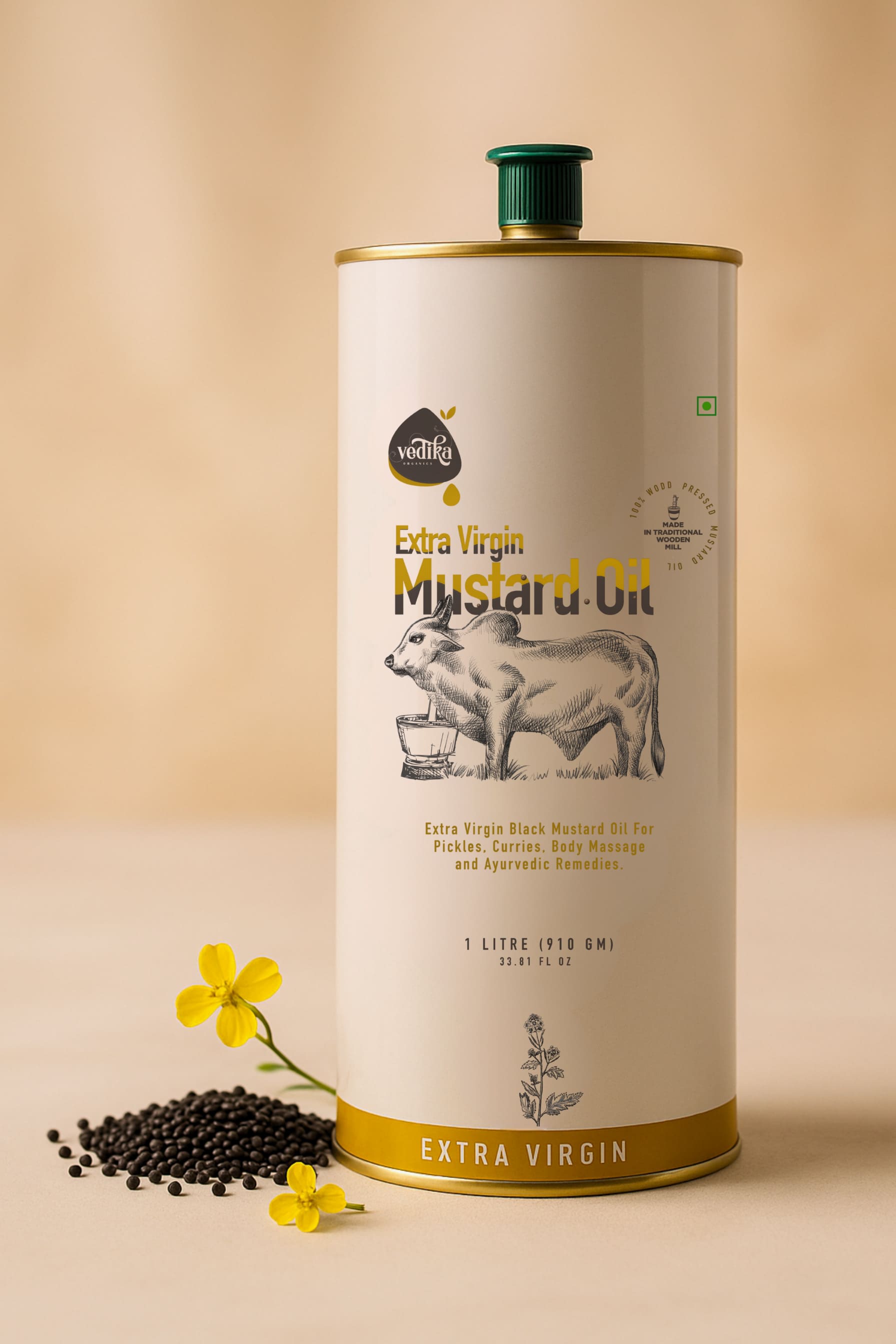 Vedika Organics Extra Virgin Kachi  Ghani Mustard Oil (1 litre) Tin