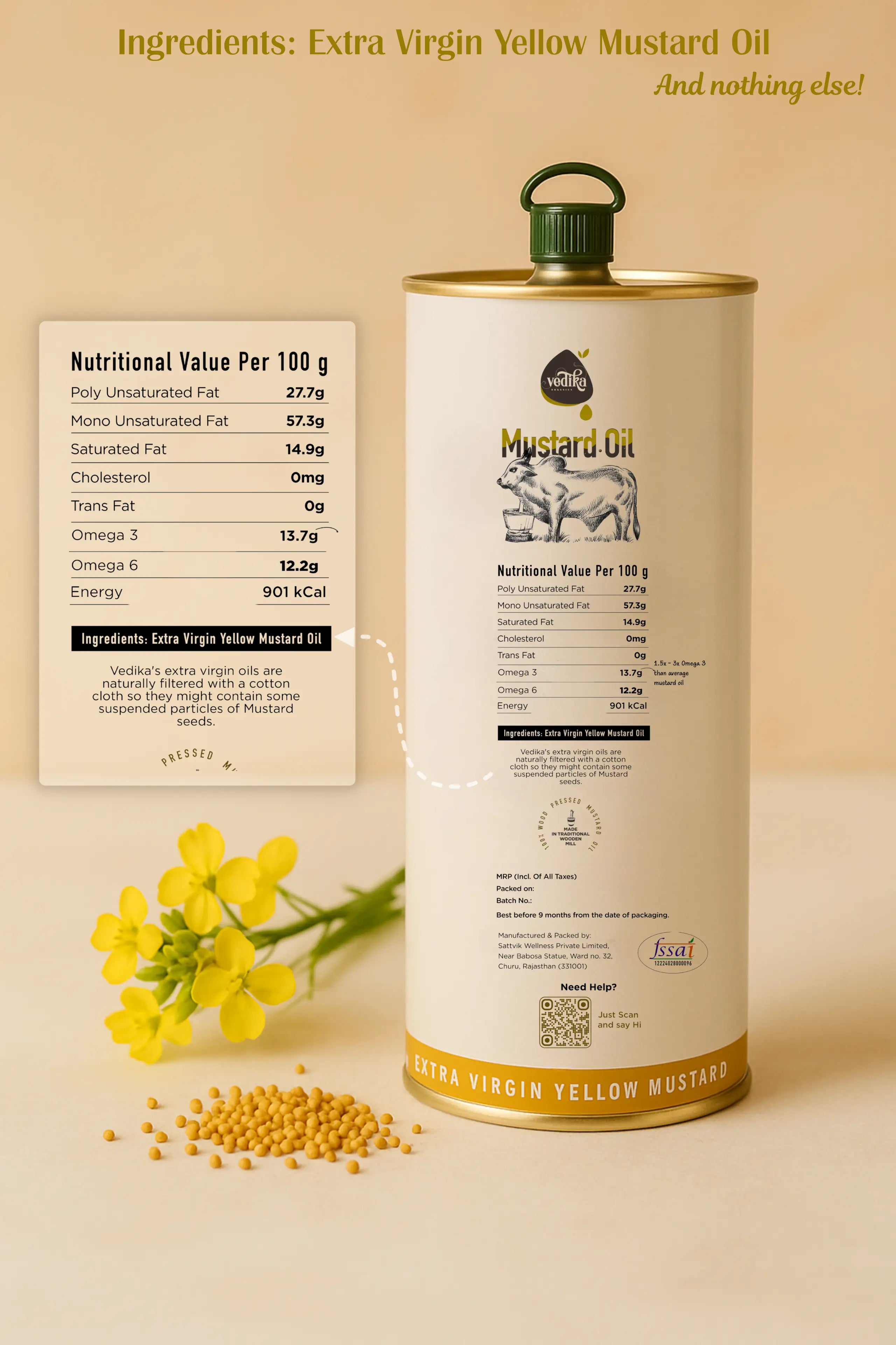 Vedika Organics Extra Virgin Yellow Mustard Oil (1 litre) Tin